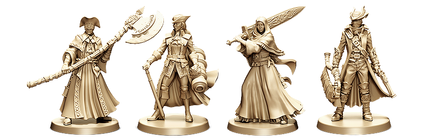 Bloodborne: The Board Game Hunter miniatures including the Hunter Axe, Threaded Cane, Holy Blade and Saw Cleaver