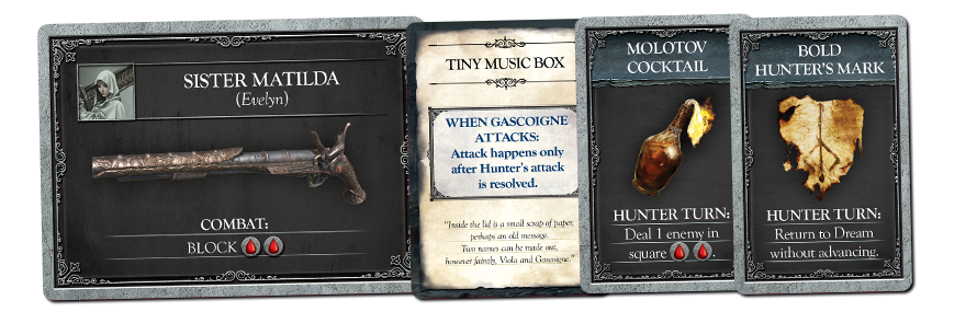 Bloodborne cards including a firearm and two consumable items